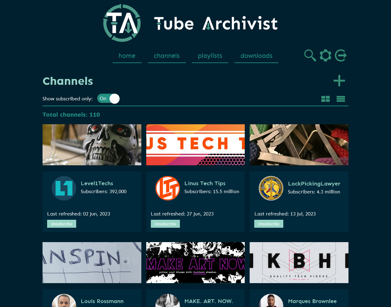 Tube Archivist Channels channels screenshot