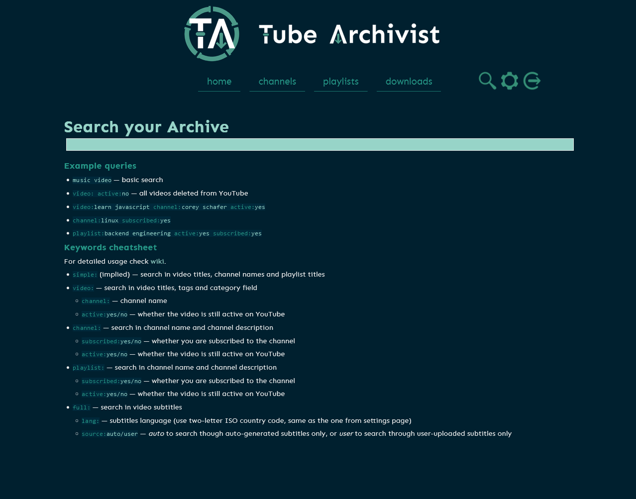 Tube Archivist Search Page search page screenshot