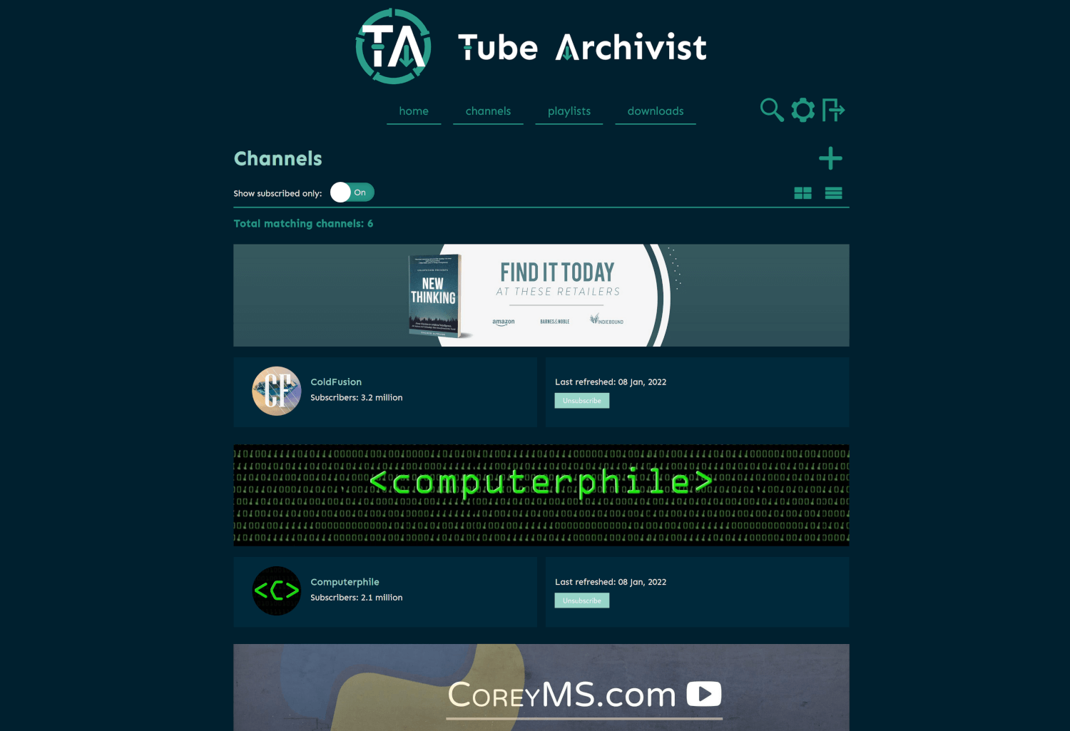 Tube Archivist Channels channels screenshot