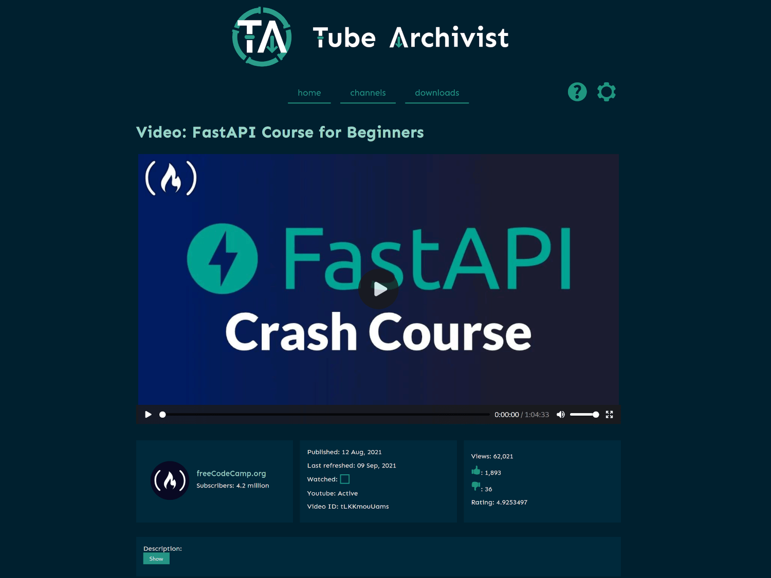 Tube Archivist Video Page video page screenshot